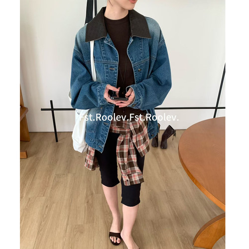 FST港风拼皮牛仔外套女秋宽松