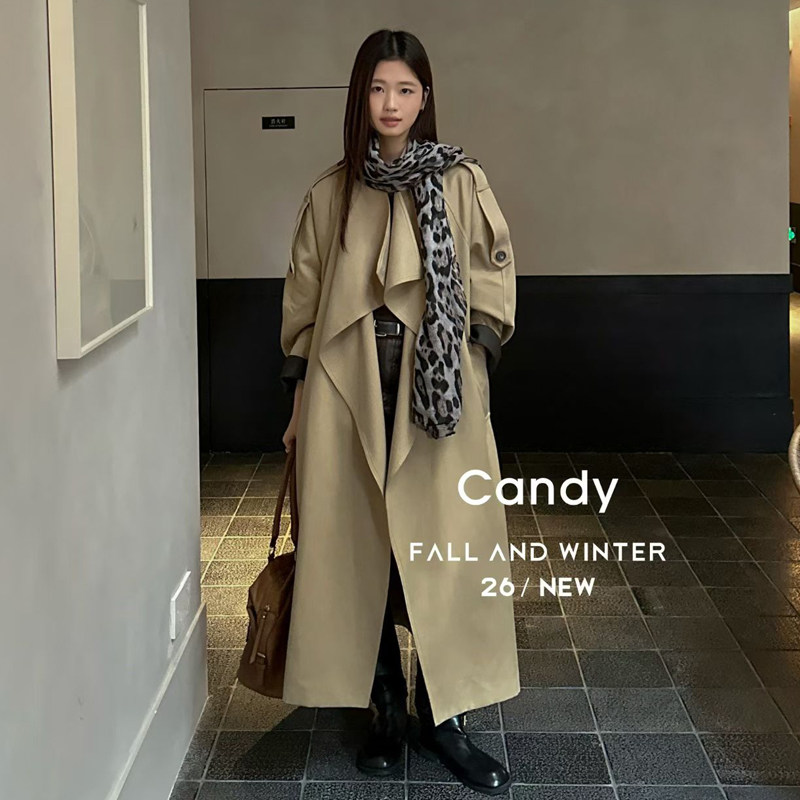 Candy糖果风衣外套秋季韩版廓形高个子系带收腰中长款大衣配丝巾