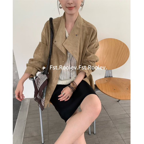 FST英伦复古麂皮绒立领风衣女