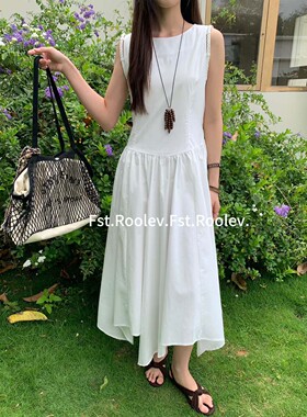 FST小个子度假白色连衣裙女2026夏季新款气质收腰大摆背心长裙子