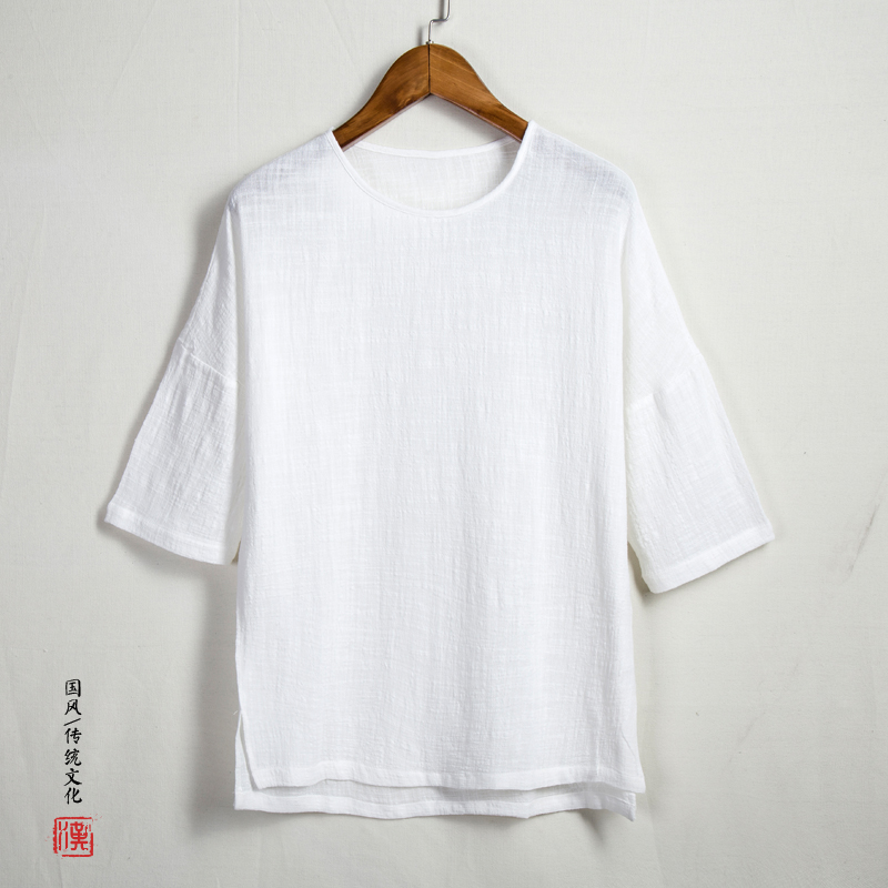 夏季中国风男装七分袖亚麻T恤宽松大码超薄款上衣复古圆领体恤衫在类目 男装, T恤中 - 来自Buy2taobao.com提供专业的淘宝代购服务