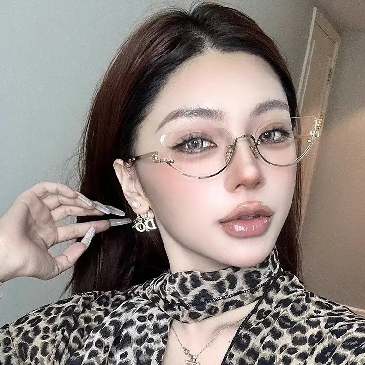 韩版金丝下半框金属眼镜女高智感素颜无框防蓝光平光镜架可配度数