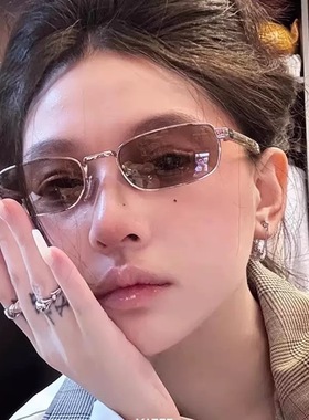 Jennie同款窄框茶色墨镜女复古轻奢高级感圆脸显瘦墨镜可配有度数