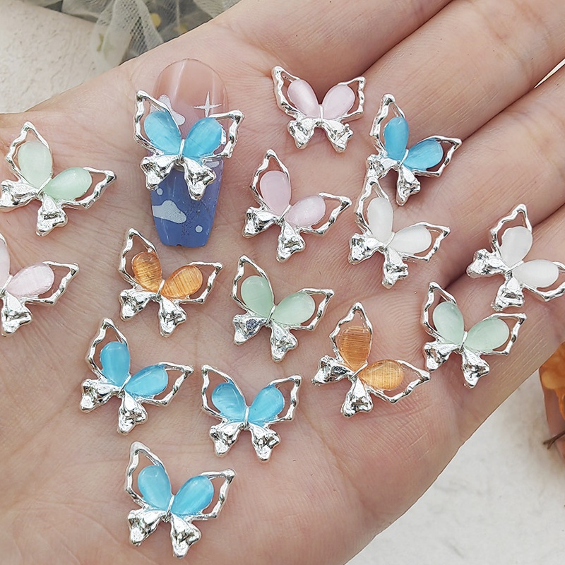 新款银色猫眼蝴蝶美甲饰品立体镂空轻奢合金钻diy指甲配饰