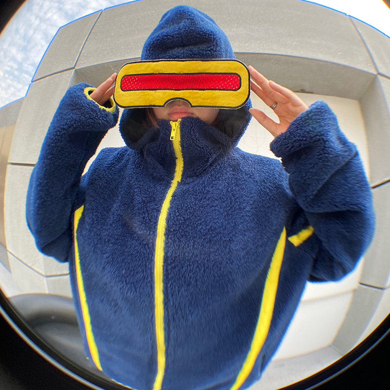 拼接小众设计感羊羔绒连帽卫衣