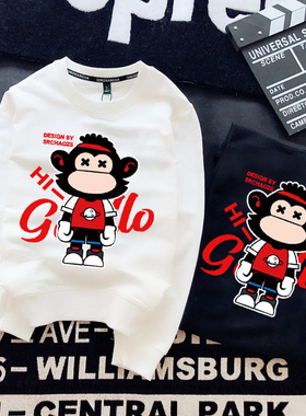 2024网红同款港风潮牌原宿加绒灰色圆领套头长袖卫衣男女情侣上衣