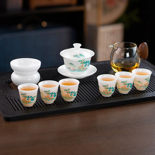 冰种羊脂玉瓷盖碗茶具套装