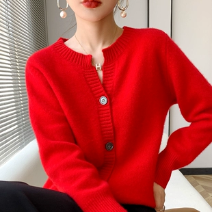 女百搭显瘦100纯羊绒衫 新款 外搭毛衣 春季 本命年红色圆领羊毛开衫