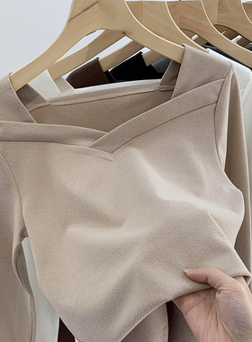 300斤大码女装胖mm240斤秋冬季显瘦长袖上衣正肩t恤V领德绒打底衫