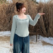 胖mm女装 娃娃领花边方领德绒打底上衣设计感遮肚显瘦秋冬300斤潮