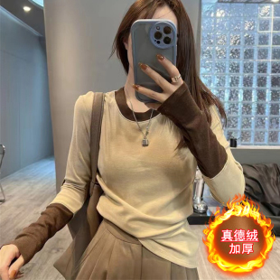 显瘦撞色洋气上衣T恤加厚长 胖mm德绒打底秋冬新款 300斤大码 女装