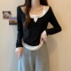 胖mm百搭设计感打底衫 300斤大码 女 t恤上衣秋季 新款 女装 假两件长袖