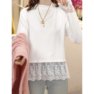 300斤大码女装胖m秋冬打底衫新款叠穿洋气内搭蕾丝拼接假两件上衣