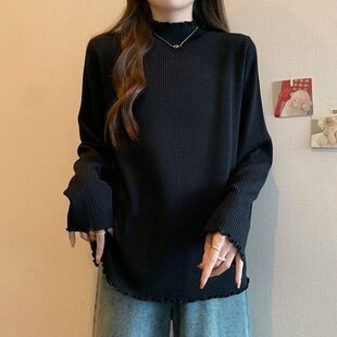 胖mm宽松遮肚内搭上衣2 女装 300斤磨毛木耳边半高领打底衫 秋冬大码