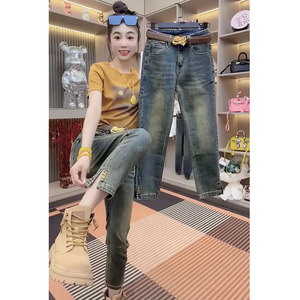 欧货胖mm大码女装裤子高腰直筒牛仔裤女2023年新款秋季显瘦烟管裤
