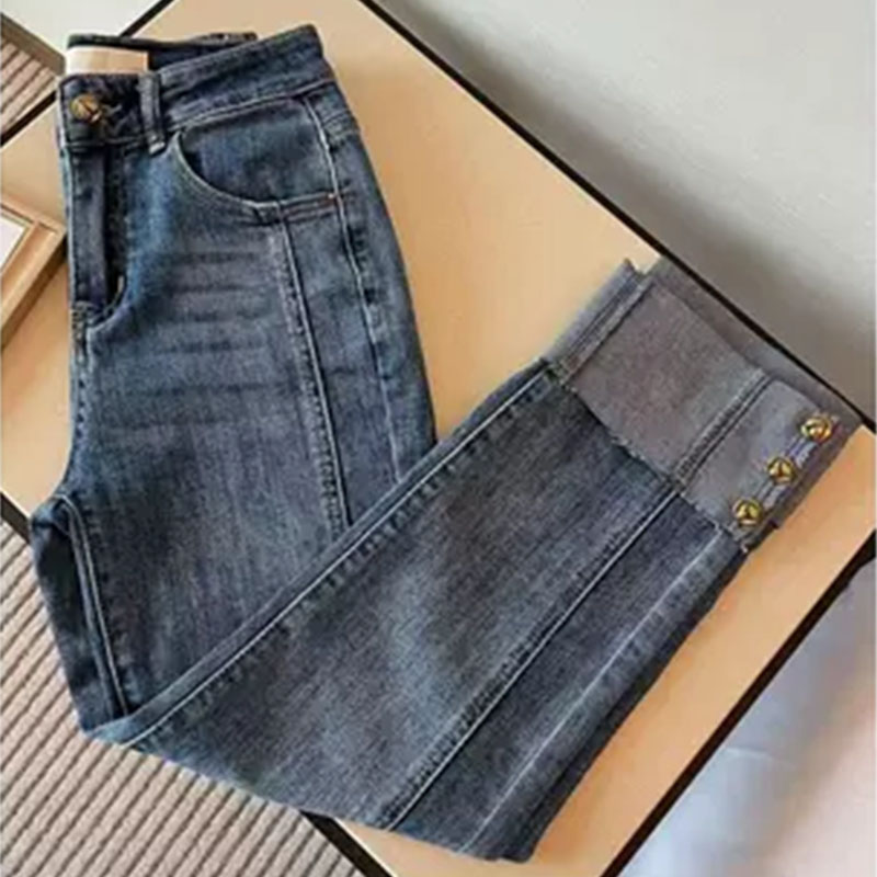 大码女装2025新款梨型身材裤子高腰弹力显瘦九分卷边烟管牛仔裤女
