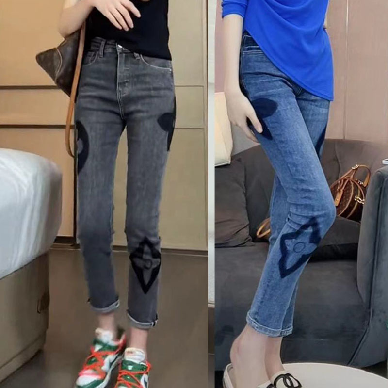 2025新款大码女装春装高腰弹力九分烟管牛仔裤女显瘦小脚印花裤子