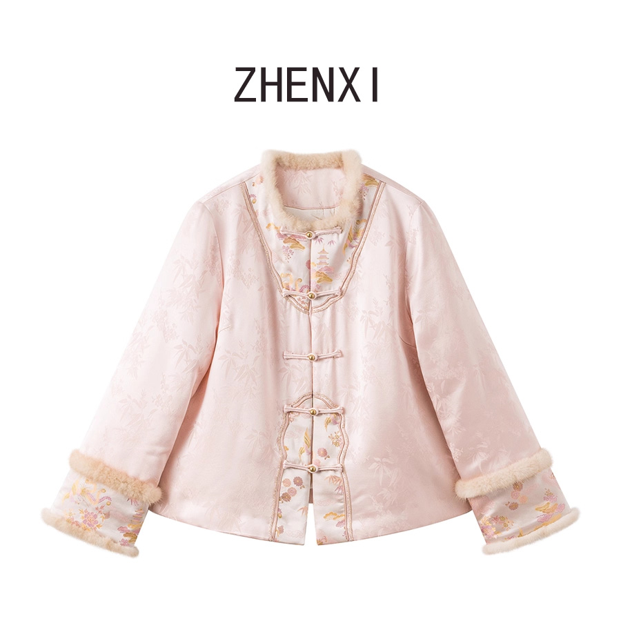 新中式真丝提花水貂毛棉衣棉服2025冬季新款盘扣上衣国风外套女