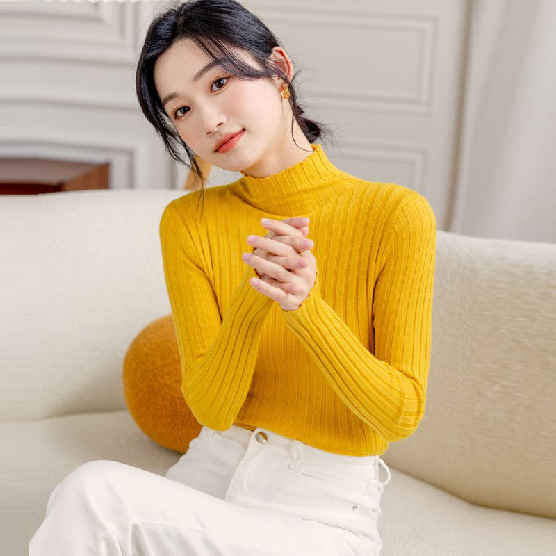 黄色毛衣女内搭半高领针织衫打底衫长袖纯色毛线衣内穿小立领上衣