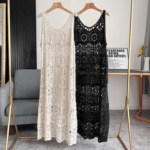 夏季新款设计感叠穿背心裙女宽松复古勾花镂空针织吊带连衣裙