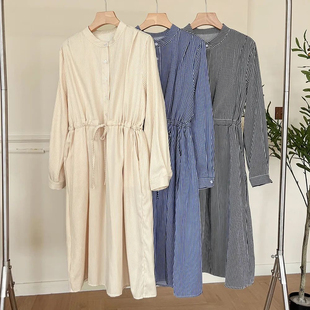 牛仔棉撞色条纹衬衫裙女春秋复古文艺收腰抽绳中长款过膝长裙子