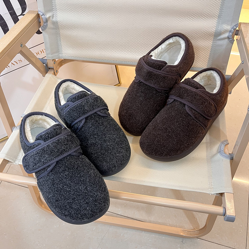 呢子勃肯鞋女秋冬外穿魔术贴加绒保暖豆豆鞋平底毛绒全包棉鞋