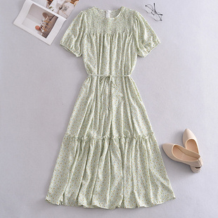 8651撞色碎花百搭减龄拼接花边连衣裙压褶雪纺裙