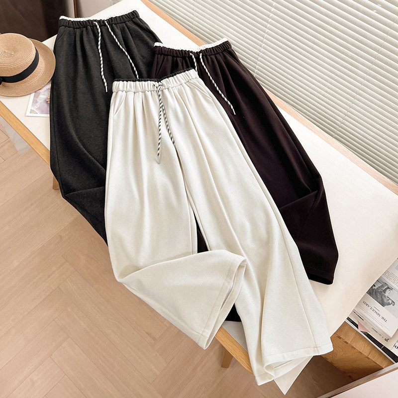 松紧腰撞色抽绳休闲裤秋冬松弛垂感拖地直筒裤通勤百搭显瘦阔腿裤,女装/女士精品,休闲裤,淘宝优惠券,粉丝福利购,淘宝优惠卷