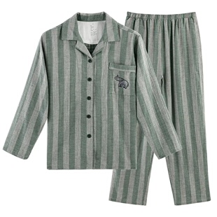 纯棉双层纱吉象精密刺绣条纹男女同款家居服套装春秋长袖长裤睡衣