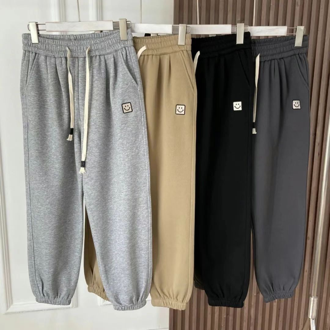 灰色束脚卫裤女春秋宽松休闲高腰显瘦刺绣笑脸束脚卫裤男女同款