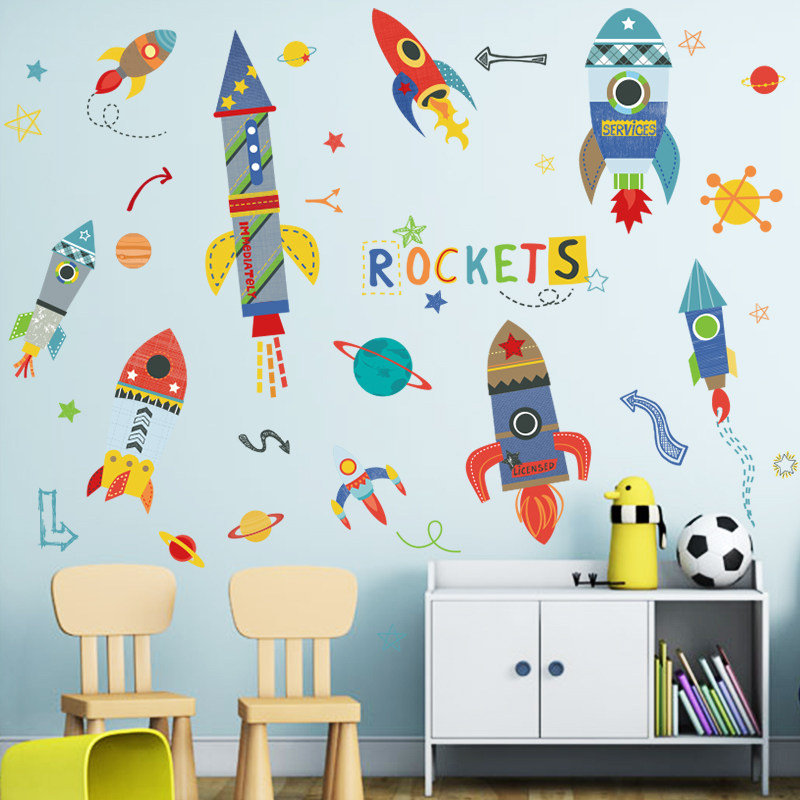 火箭贴纸儿童卡通宝宝卧室墙贴男童飞机墙贴画教室布置装饰文化墙