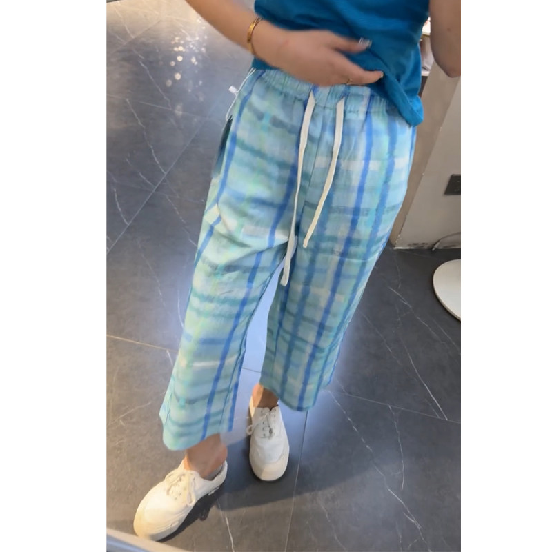 格纹休闲裤女彩色九分裤直筒裤子