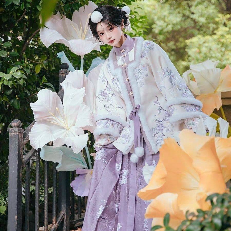 2025冬新款汉服女装全套明制重工刺绣方领半臂印花马面裙斗篷紫色