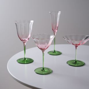 优雅小众中古杯子轻奢 复古彩色渐变高脚杯花型红酒杯水晶玻璃法式