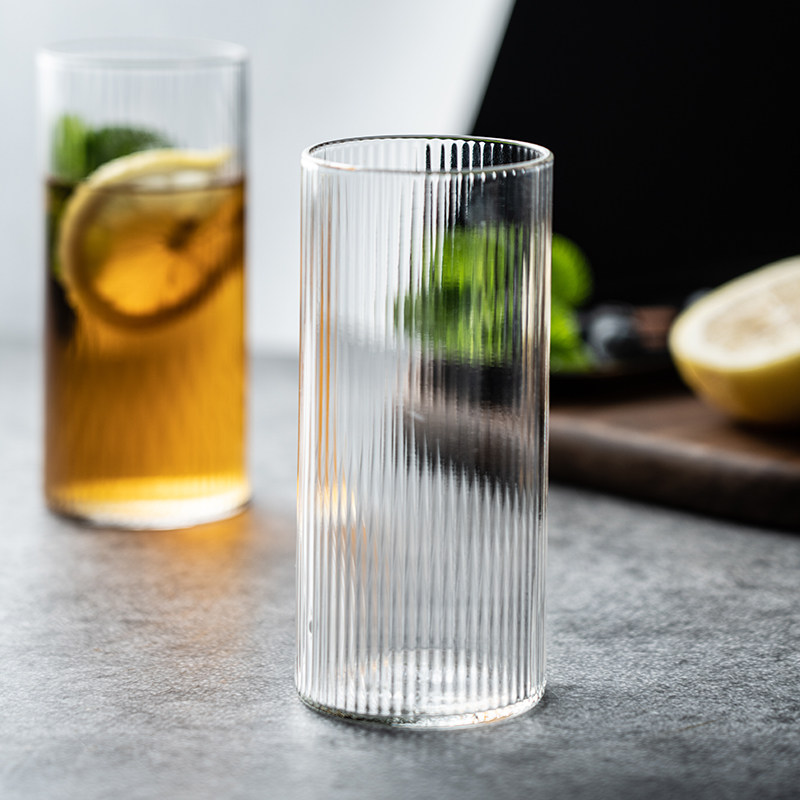 竖纹玻璃杯子水杯耐热绿茶杯透明饮料杯热饮冷饮直身高北欧简约