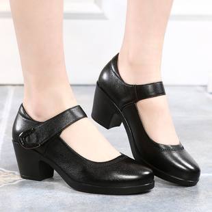 中年妈妈大码单鞋拉带方口皮鞋女中跟半高跟鞋42号43真皮软底女鞋