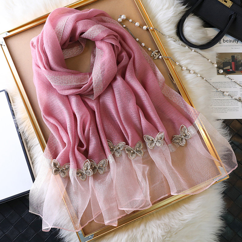 蝴蝶刺绣真丝围巾女韩版百搭桑蚕丝巾春秋薄款外披肩妈妈高档礼物