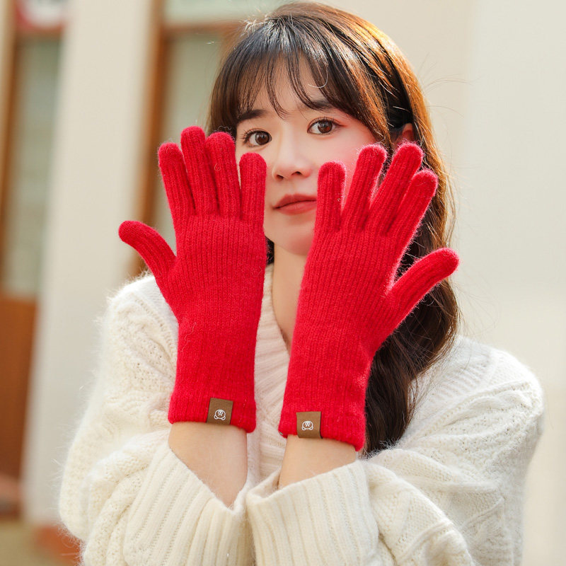 겨울용 여성용 니트 장갑 두꺼운 모직 따뜻하고 두꺼워 패셔너블한 레드 터치 스크린 휴대폰 놀이 사이클링 야외 방한