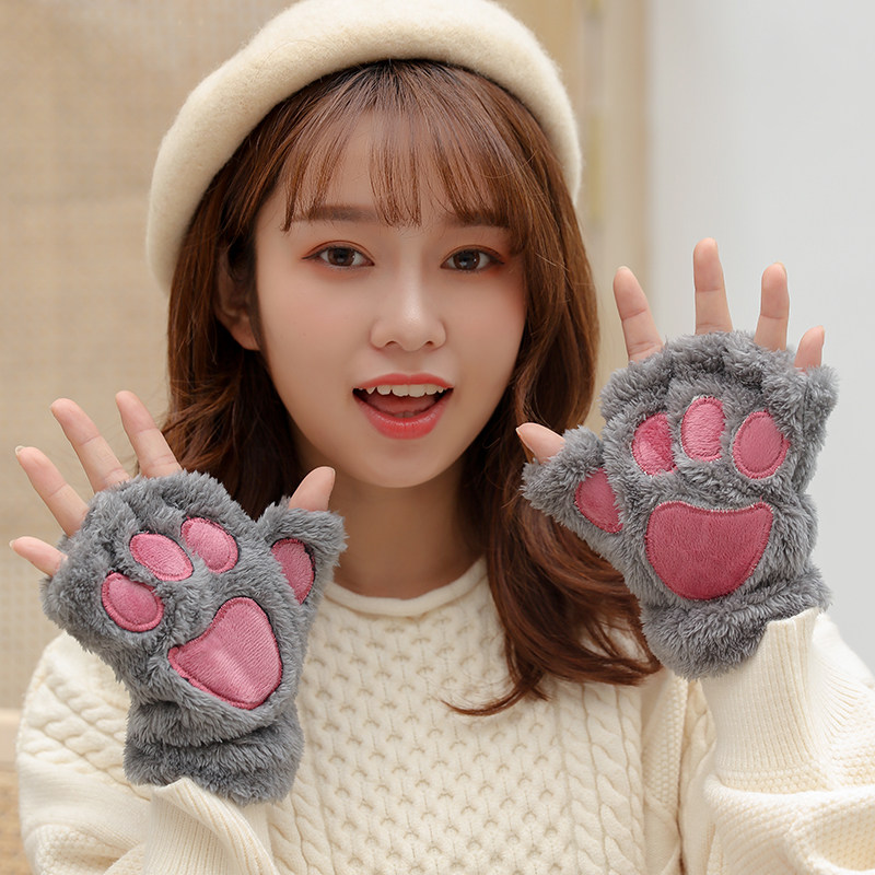 겨울 여성용 장갑 귀여운 학생 가을 겨울 따뜻한 고양이 발 플러시 발 한국식 반 손가락 방한 플러스 벨벳 라이딩