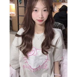 美式 HelloKitty凯蒂猫刺绣慵懒休闲上衣ins 复古纯棉短袖 t恤女夏季