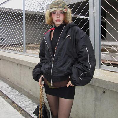 Aew 秋冬重磅Bomber 连帽百搭街头男女MA1棉服保暖飞行夹克外套