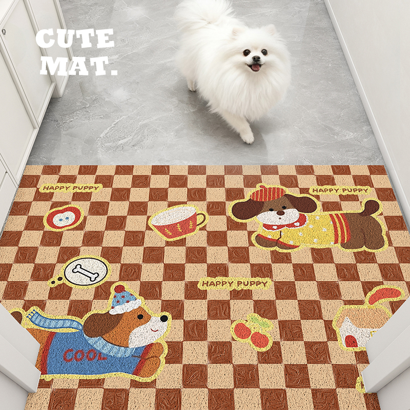 美拉德小狗入户门地垫棕色格子地毯玄关门外脚垫耐脏免洗丝圈门垫