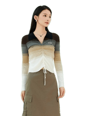 duoyi朵以2024春季新款POLO领撞色条纹针织衫39DC531136