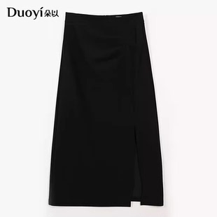 duoyi朵以2024春季 优雅高腰显瘦开衩直筒半身裙39DC608036 新款