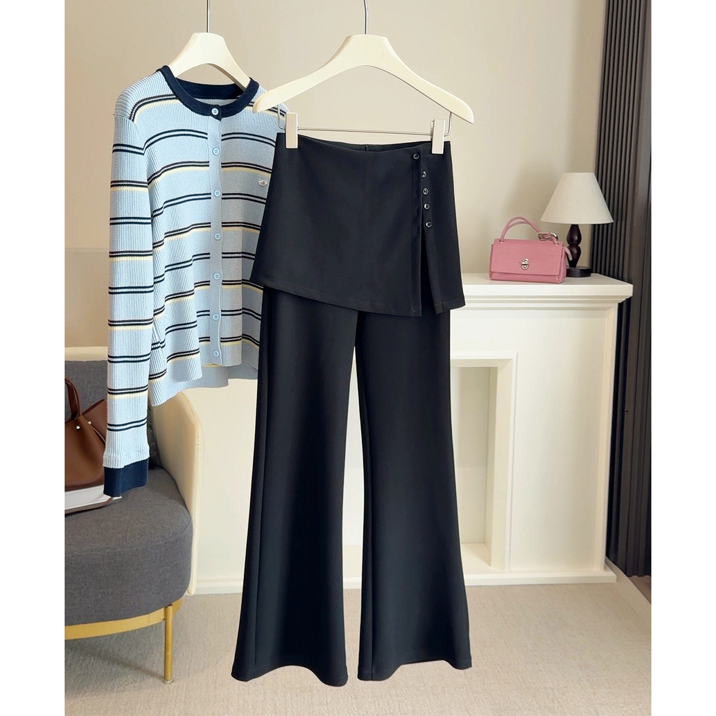 弹力屁帘裙裤微喇西装裤女春季新款高腰假两件纽扣一体垂感休闲裤