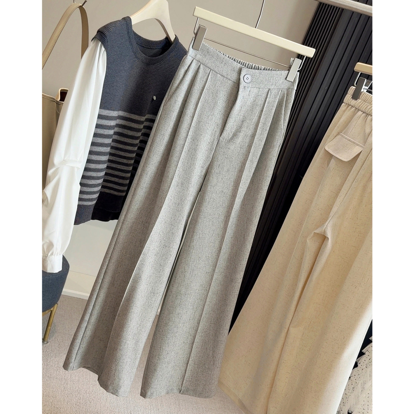 2026春高级感棉麻垂感灰色西装休闲裤女新款松紧腰阔腿百搭直筒裤