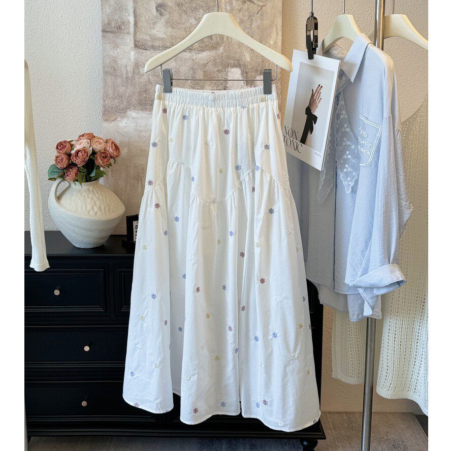 小个子刺绣碎花白色半身裙女夏a字中长款高腰显瘦百搭大摆裙伞裙