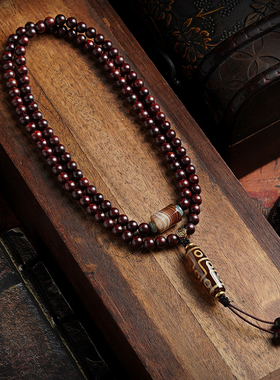 小叶紫檀手串108颗文玩情侣项链男九眼天珠配饰印度老料原木佛珠