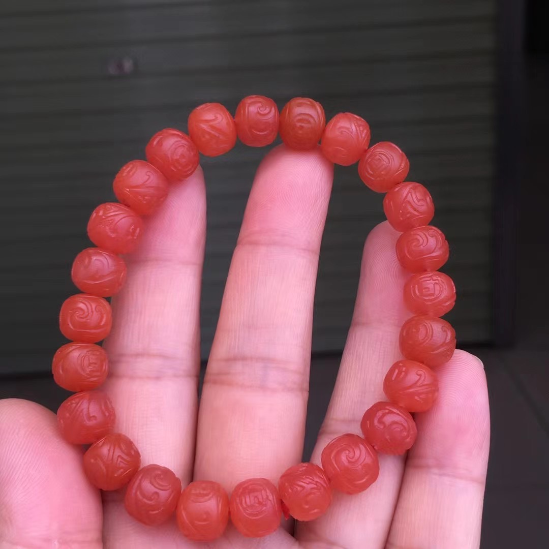 凉山天然南红玛瑙樱桃红博古文手链手串