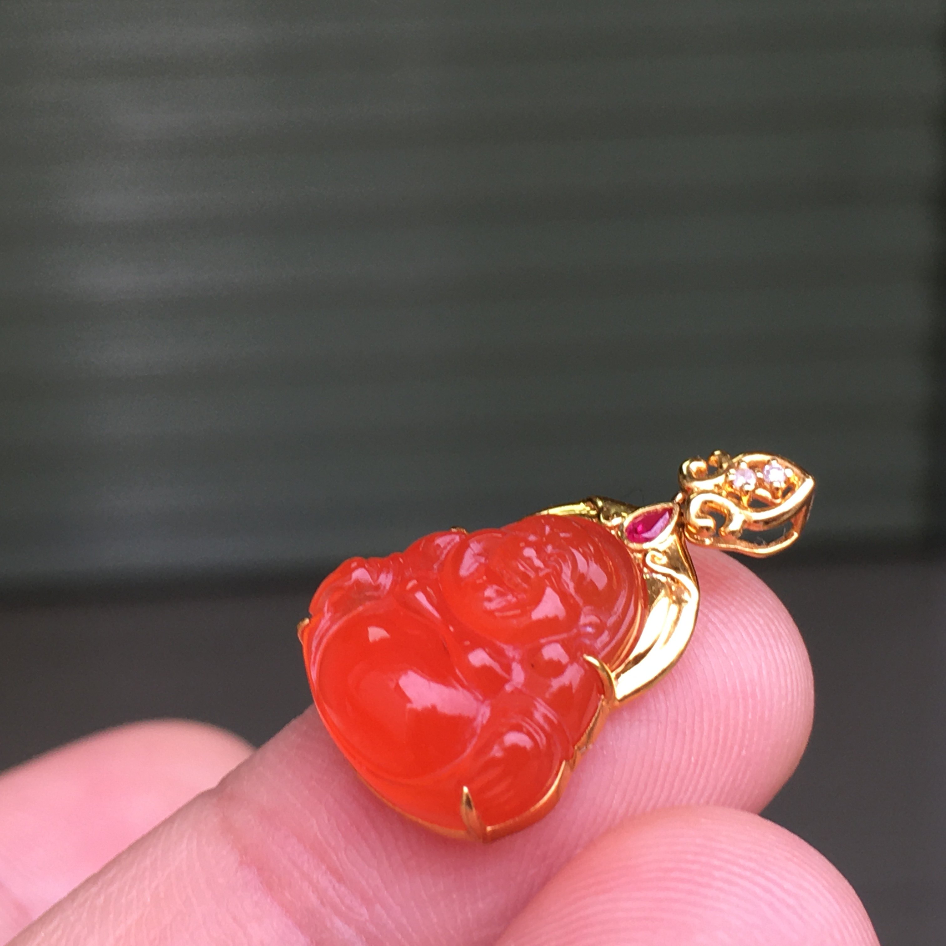 南红玛瑙吊坠柿子红吊坠18k金镶嵌吊坠